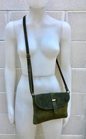 Suede leather bag in DARK GREEN. Crossbody bag in GENUINE leather.Green small leather bag with adjustable strap and zipper.