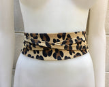 CHEETAH print wide suede OBI belt. Wrap belt in natural soft suede. Animal print wraparound belt. Genuine leather panther print dress belt