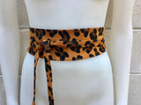 CHEETAH print suede OBI belt . Wrap belt in natural camel brown suede. Genuine leather panther waist belt. Animal print wraparound boho belt