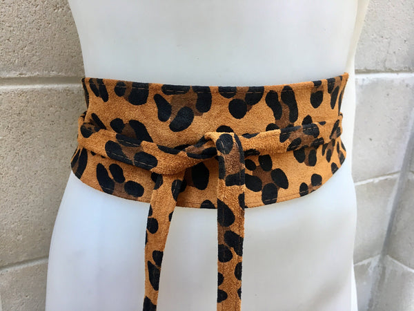 CHEETAH print suede OBI belt . Wrap belt in natural camel brown suede. Genuine leather panther waist belt. Animal print wraparound boho belt