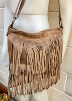 Cross body bag. BOHO suede leather bag in dark beige with FRINGES. Larger model. Genuine leather light brown - taupe crossbody hippy bag .