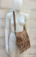 Cross body bag. BOHO suede leather bag in dark beige with FRINGES. Larger model. Genuine leather light brown - taupe crossbody hippy bag .