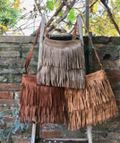 Cross body bag. BOHO suede leather bag in dark beige with FRINGES. Larger model. Genuine leather light brown - taupe crossbody hippy bag .