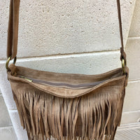 Cross body bag. BOHO suede leather bag in dark beige with FRINGES. Larger model. Genuine leather light brown - taupe crossbody hippy bag .