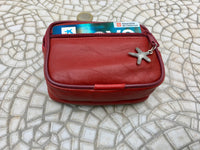 RED wallet in genuine leather. Small RED purse , fits credit cards, coins, bills. Keyring inside. Belt purse, waist bag with sea star