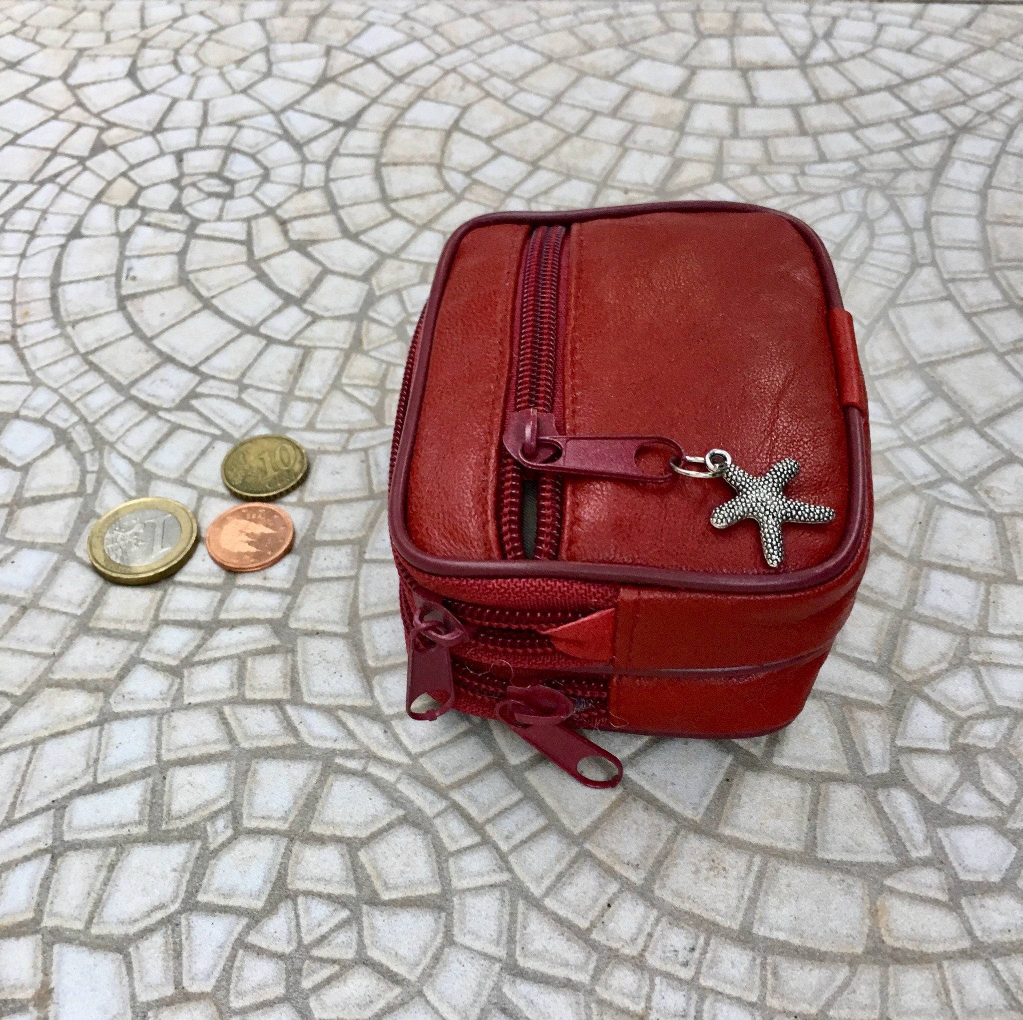 RED wallet in genuine leather. Small RED purse , fits credit cards, coins, bills. Keyring inside. Belt purse, waist bag with sea star