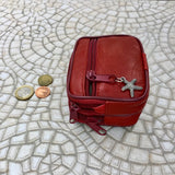 RED wallet in genuine leather. Small RED purse , fits credit cards, coins, bills. Keyring inside. Belt purse, waist bag with sea star