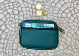 Dark green wallet in genuine leather. Small coin purse , fits credit cards, coins, bills. Keyring inside. Belt purse, waist bag ONLY,NO BELT