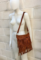 Cross body bag. BOHO suede leather bag in dark CAMEL brown with FRINGES. Larger model. Messenger bag in genuine suede. Crossbody hippy bag