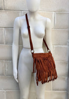 Cross body bag. BOHO suede leather bag in dark CAMEL brown with FRINGES. Larger model. Messenger bag in genuine suede. Crossbody hippy bag