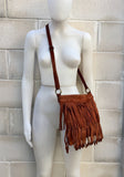 Cross body bag. BOHO suede leather bag in dark CAMEL brown with FRINGES. Larger model. Messenger bag in genuine suede. Crossbody hippy bag