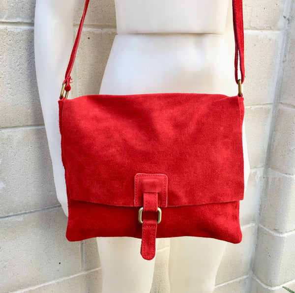 Cross body suede bag. GENUINE leather bag in RED. BOHO suede bag . Natural leather bag. Messenger bag in suede for books, tablets...