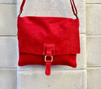 Cross body suede bag. GENUINE leather bag in RED. BOHO suede bag . Natural leather bag. Messenger bag in suede for books, tablets...