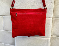 Cross body suede bag. GENUINE leather bag in RED. BOHO suede bag . Natural leather bag. Messenger bag in suede for books, tablets...