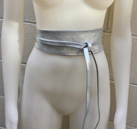 SILVER leather OBI belt. Wide waist belt in soft genuine leather. Metallic shine wraparound belt, boho dress belt in silver color leather.