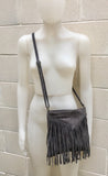 Cross body bag. BOHO suede leather bag in DARK GRAY with fringes. Messenger bag in soft genuine suede leather. Crossbody hippy bag