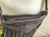 Cross body bag. BOHO suede leather bag in DARK GRAY with fringes. Messenger bag in soft genuine suede leather. Crossbody hippy bag