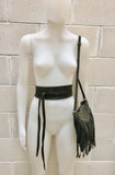 Cross body bag. BOHO suede leather bag in dark GREEN with FRINGES and suede waistbelt.Hippy suede bag and belt set in forest green