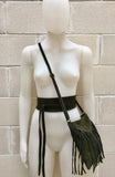 Cross body bag. BOHO suede leather bag in dark GREEN with FRINGES and suede waistbelt.Hippy suede bag and belt set in forest green