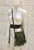 Cross body bag. BOHO suede leather bag in dark GREEN with FRINGES and suede waistbelt.Hippy suede bag and belt set in forest green