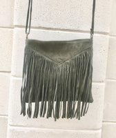 Cross body bag. BOHO suede leather bag in DARK GREEN with fringes. Messenger bag in soft genuine suede leather. Crossbody hippy bag