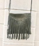 Cross body bag. BOHO suede leather bag in DARK GREEN with fringes. Messenger bag in soft genuine suede leather. Crossbody hippy bag