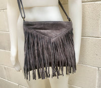 Cross body bag. BOHO suede leather bag in DARK GRAY with fringes. Messenger bag in soft genuine suede leather. Crossbody hippy bag