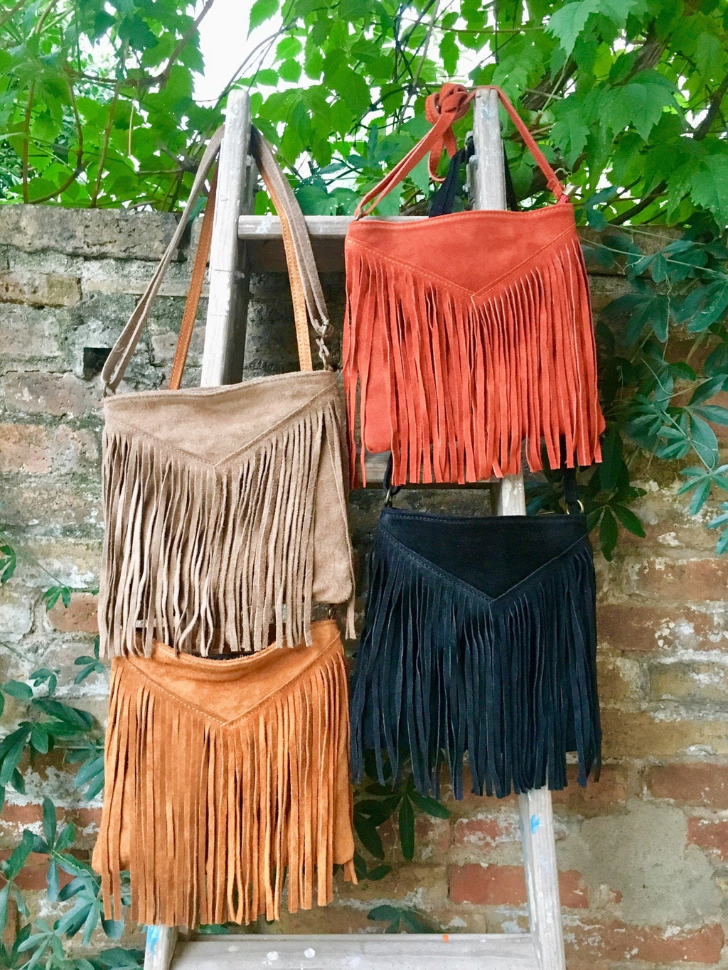 Rusty brown suede bag. Boho genuine leather bag with FRINGES. Dark camel messenger hippy bag. Small brown fringed suede purse.