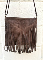 Cross body bag. BOHO suede leather bag in dark BROWN with FRINGES. Messenger bag in soft genuine suede leather. Crossbody hippy bag