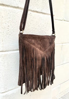 Cross body bag. BOHO suede leather bag in dark BROWN with FRINGES. Messenger bag in soft genuine suede leather. Crossbody hippy bag