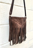 Cross body bag. BOHO suede leather bag in dark BROWN with FRINGES. Messenger bag in soft genuine suede leather. Crossbody hippy bag