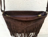 Cross body bag. BOHO suede leather bag in dark BROWN with FRINGES. Messenger bag in soft genuine suede leather. Crossbody hippy bag