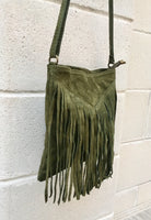 Cross body fringe bag. BOHO suede leather bag in GREEN with FRINGES. Messenger bag in soft genuine suede leather. Crossbody green hippy bag