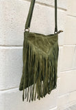 Cross body fringe bag. BOHO suede leather bag in GREEN with FRINGES. Messenger bag in soft genuine suede leather. Crossbody green hippy bag