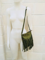 Cross body fringe bag. BOHO suede leather bag in GREEN with FRINGES. Messenger bag in soft genuine suede leather. Crossbody green hippy bag