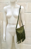 Cross body fringe bag. BOHO suede leather bag in GREEN with FRINGES. Messenger bag in soft genuine suede leather. Crossbody green hippy bag