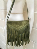 Cross body fringe bag. BOHO suede leather bag in GREEN with FRINGES. Messenger bag in soft genuine suede leather. Crossbody green hippy bag