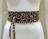 Leopard print suede OBI belt. Wrap belt in natural soft suede. Wraparound belt in genuine leather. Cheetah print obi, boho waist belt