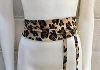 CHEETAH print wide suede OBI belt. Wrap belt in natural soft suede. Animal print wraparound belt. Genuine leather panther print dress belt