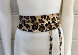 CHEETAH print wide suede OBI belt. Wrap belt in natural soft suede. Animal print wraparound belt. Genuine leather panther print dress belt