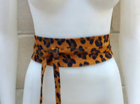 CHEETAH print suede OBI belt . Wrap belt in natural camel brown suede. Genuine leather panther waist belt. Animal print wraparound boho belt