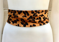 CHEETAH print suede OBI belt . Wrap belt in natural camel brown suede. Genuine leather panther waist belt. Animal print wraparound boho belt