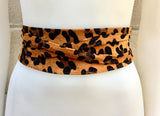 CHEETAH print suede OBI belt . Wrap belt in natural camel brown suede. Genuine leather panther waist belt. Animal print wraparound boho belt