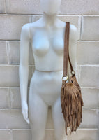 Cross body bag. BOHO suede leather bag in dark beige with FRINGES. Larger model. Genuine leather light brown - taupe crossbody hippy bag .