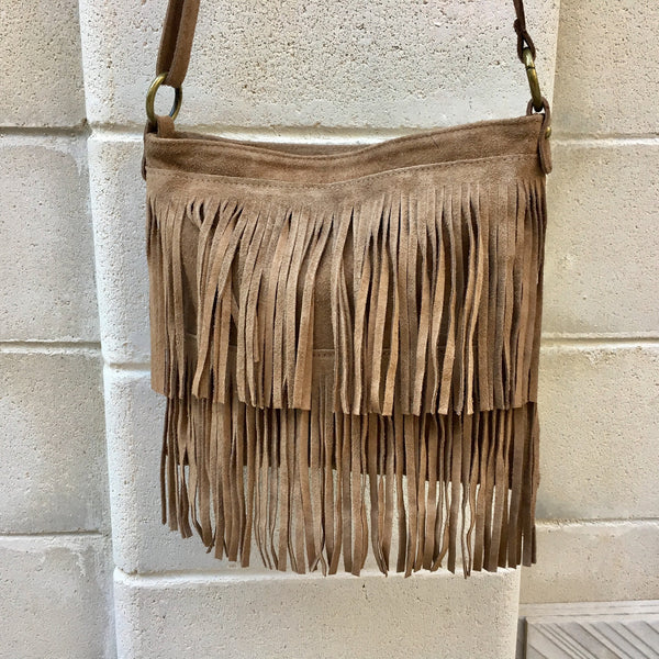 Cross body bag. BOHO suede leather bag in dark beige with FRINGES. Larger model. Genuine leather light brown - taupe crossbody hippy bag .