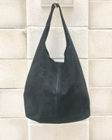 Slouch bag.Large tote leather bag in BLACK with ZIPPER. Soft natural suede genuine leather. Boho bag in BLACK suede.