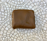 Zipper coin purse in camel brown. Genuine leather. Small wallet for cards, coins and notes. Small zipper purse.