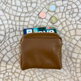 Zipper coin purse in camel brown. Genuine leather. Small wallet for cards, coins and notes. Small zipper purse.