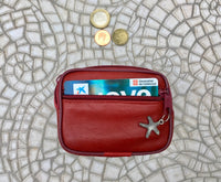 RED wallet in genuine leather. Small RED purse , fits credit cards, coins, bills. Keyring inside. Belt purse, waist bag with sea star