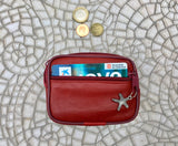 RED wallet in genuine leather. Small RED purse , fits credit cards, coins, bills. Keyring inside. Belt purse, waist bag with sea star